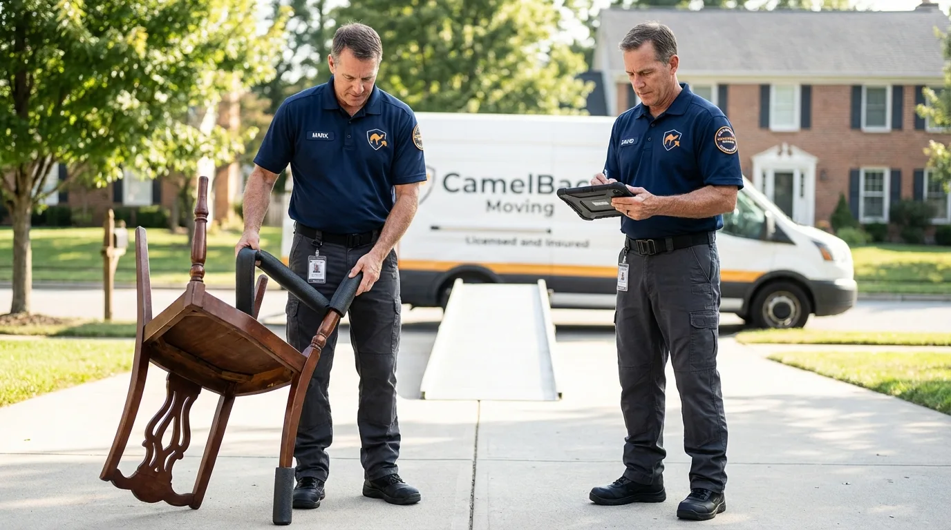 Movers inspecting furniture for damage prevention before loading in Steep Falls, ME