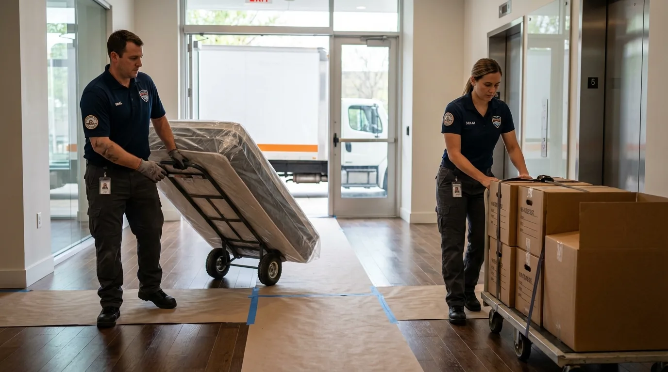 Professional apartment movers loading elevator in Steep Falls, ME